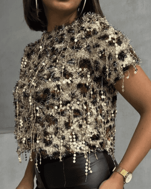 ELLA BY TAM<BR><BR>BLUSA LANTEJOULAS PADRÃO LEOPARDO
