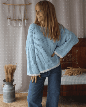 CAMISOLA MALHA AZUL CLARO COM FRANJA BRANCA MARIA CATITA - TAM U