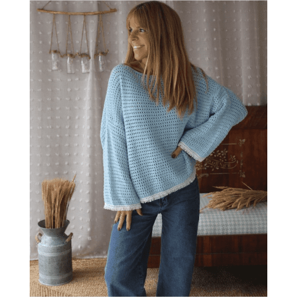 CAMISOLA MALHA AZUL CLARO COM FRANJA BRANCA MARIA CATITA - TAM U