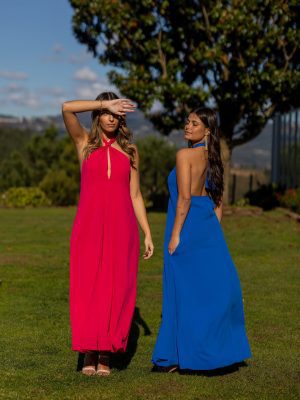 VESTIDO COMPRIDO ATAR PESCOÇO - ROSA FÚCHSIA / AZULÃO CAFOFO