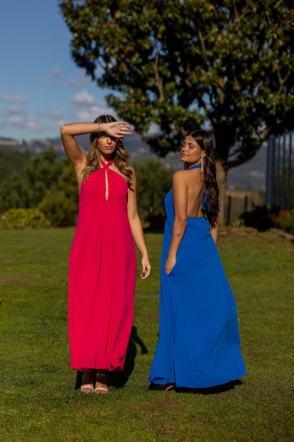 VESTIDO COMPRIDO ATAR PESCOÇO - ROSA FÚCHSIA / AZULÃO CAFOFO