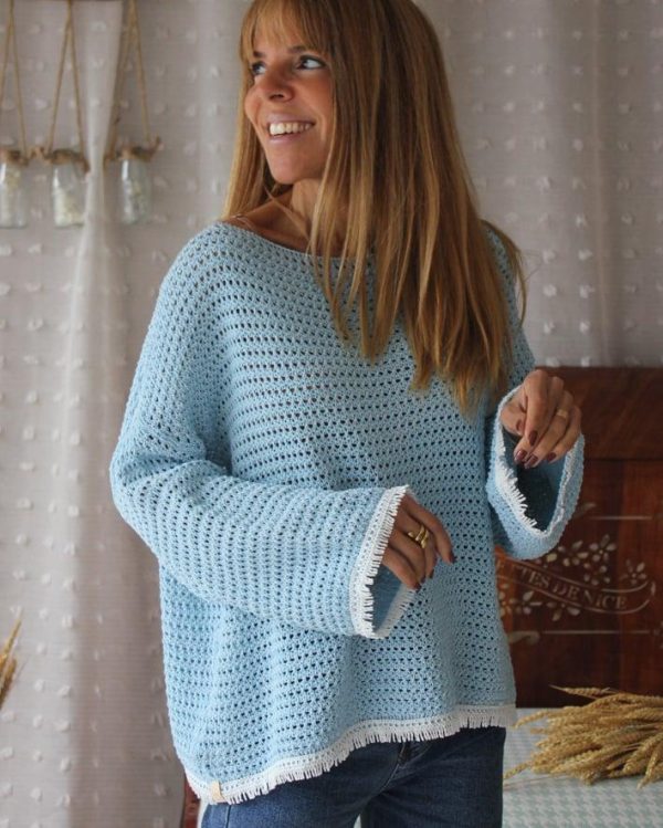 CAMISOLA MALHA AZUL CLARO COM FRANJA BRANCA MARIA CATITA - TAM U - Image 3