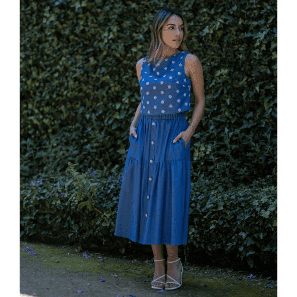 Saia denim midi cafofo
