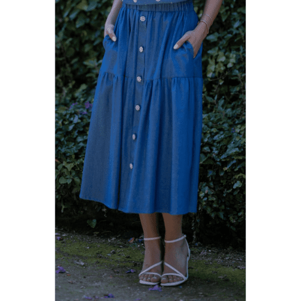 Saia denim midi cafofo zoom