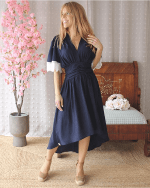 VESTIDO ASSIMÉTRICO AZUL ESCURO COM RENDA BRANCA MARIA CATITA - TAM U