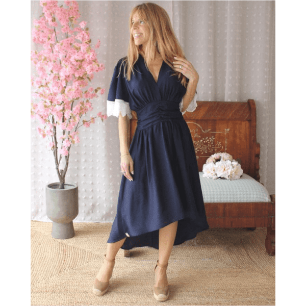 VESTIDO ASSIMÉTRICO AZUL ESCURO COM RENDA BRANCA MARIA CATITA - TAM U