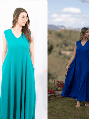 VESTIDO ÉVASÉ MALHA - AZUL ESVERDEADO / AZULÃO CAFOFO