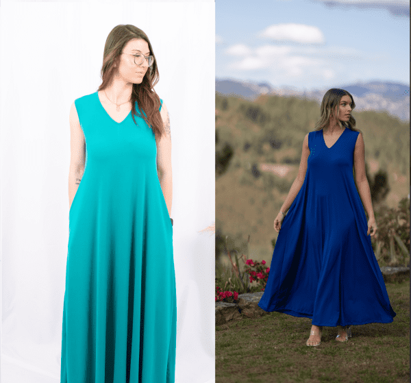 VESTIDO ÉVASÉ MALHA - AZUL ESVERDEADO / AZULÃO CAFOFO
