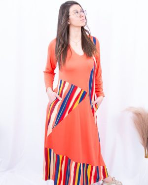 VESTIDO CORAL COM RISCAS COLORIDAS TROPICAL BRASIL - TAM U