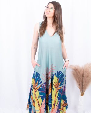 VESTIDO VERDE COM FOLHAS LARANJA TROPICAL BRASIL - TAM U