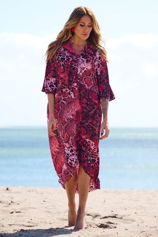 VESTIDO KAFTAN ROSA COM CORDÃO À FRENTE TROPICAL BRASIL - TAM U