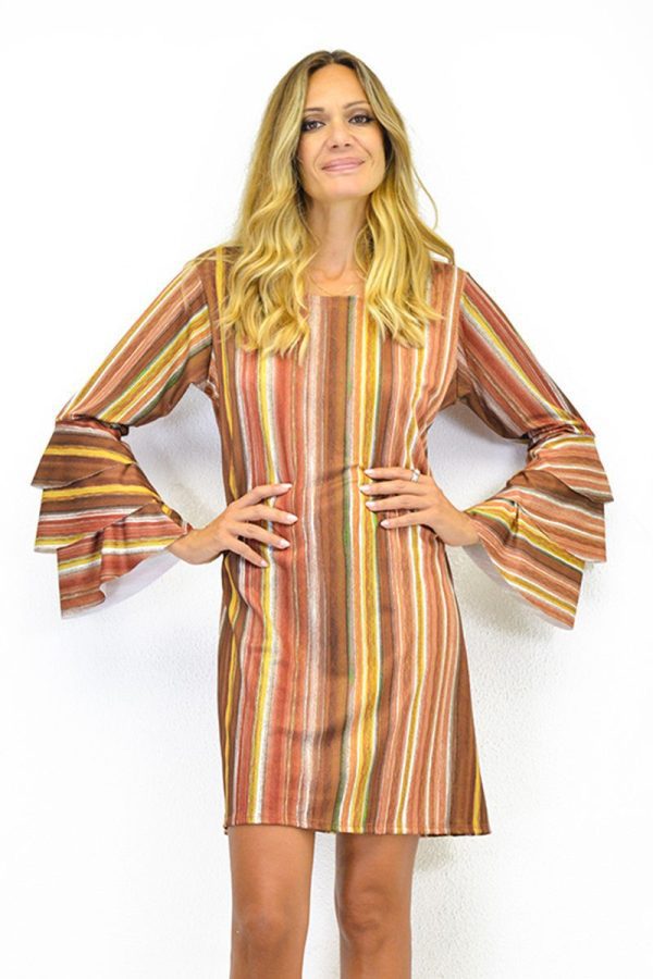 VESTIDO CURTO CASTANHO E MOSTARDA TROPICAL BRASIL - TAM U