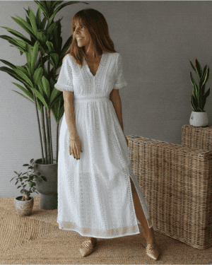 VESTIDO COMPRIDO BRANCO COM RACHA E DETALHES MARIA CATITA - TAM U