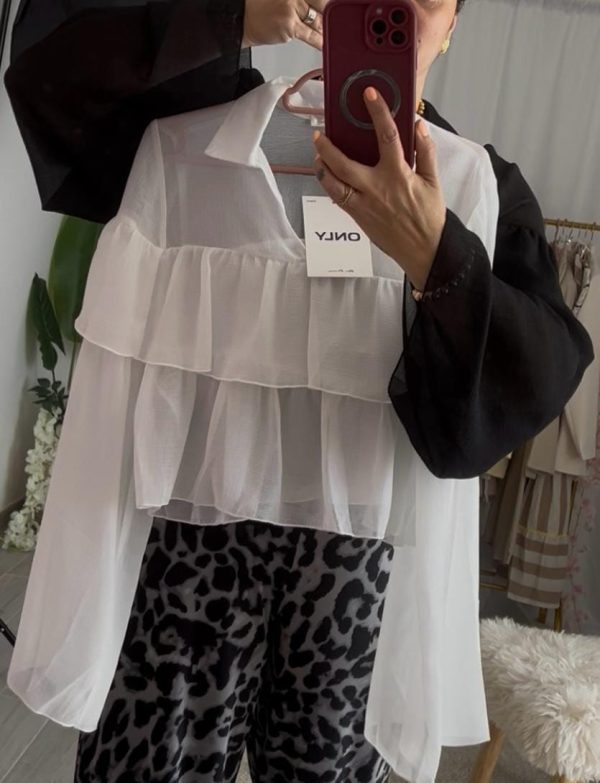 ONLY <BR><BR> BLUSA ONLSUZZY TIE TOP - WHITE / PHANTOM (black) - Image 5