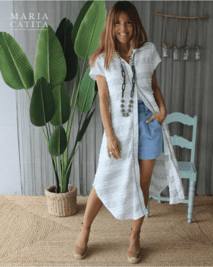 VESTIDO TÚNICA BRANCO COM DETALHES AZUIS MARIA CATITA - TAM U