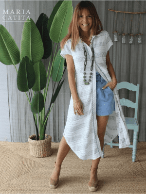 VESTIDO TÚNICA BRANCO COM DETALHES AZUIS MARIA CATITA - TAM U