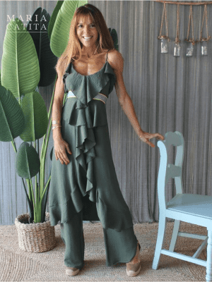 CONJUNTO CALÇA E TÚNICA DE FOLHOS VERDE MARIA CATITA - TAM U