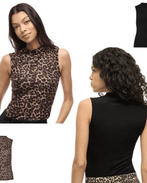 Top vila – vileoa funnel neck top – black animal print 2
