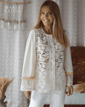 Blusa bege frente rendada franja amarelaverde maria catita – tam u 2