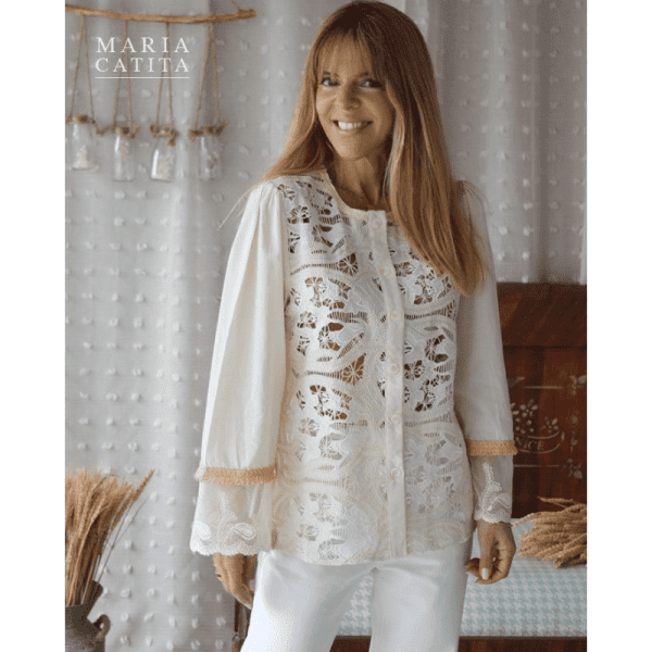 Blusa bege frente rendada franja amarelaverde maria catita – tam u 2